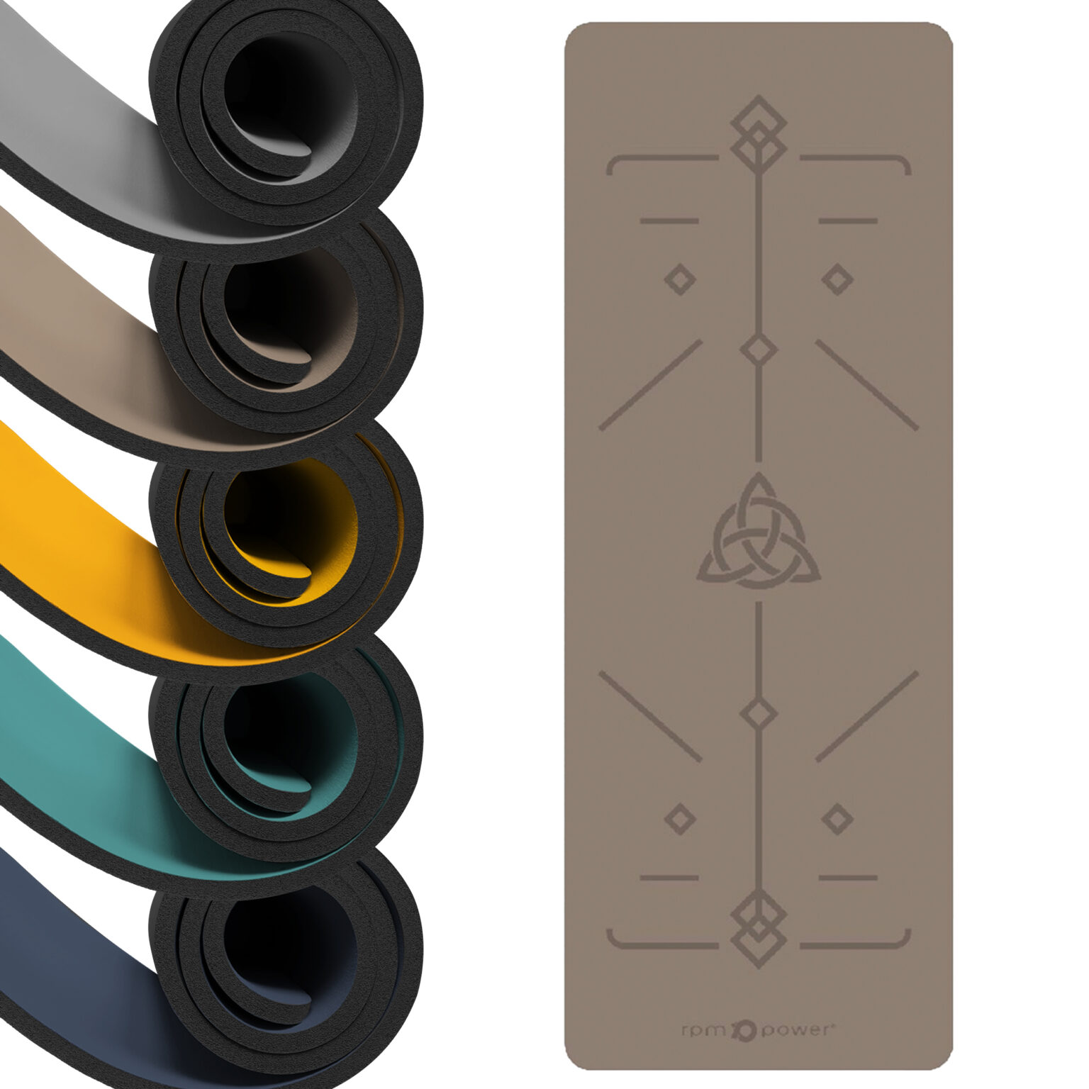 Image of 5 different coloured Yoga Mats with Alignment Lines