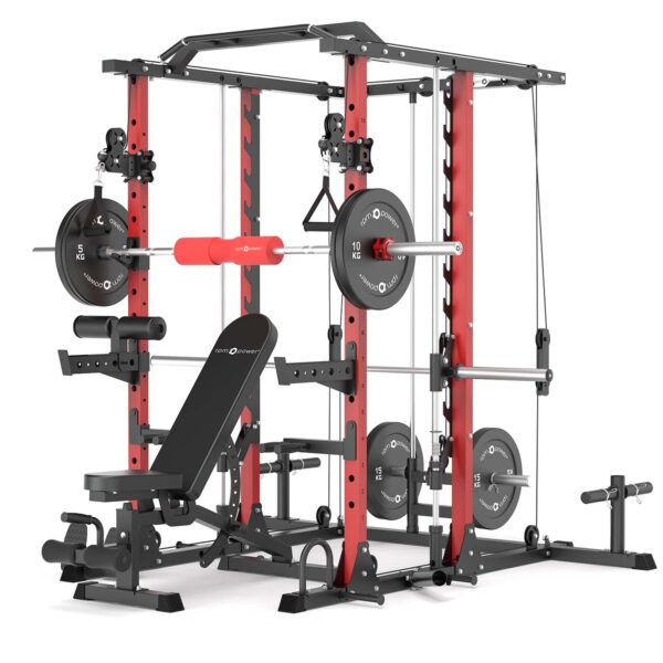 Red Rack V2 With Smith Rail, Weight Bench, Weight Plates, Barbell and Cable Attachments